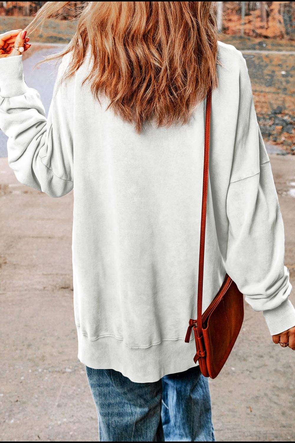I'M BACK Slit Round Neck Long Sleeve Sweatshirt - Trendsi - Flyclothing LLC
