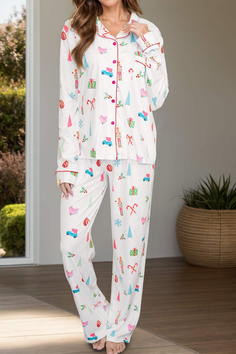 Printed Collared Neck Long Sleeve Top and Pants Lounge Set - Trendsi - Flyclothing LLC