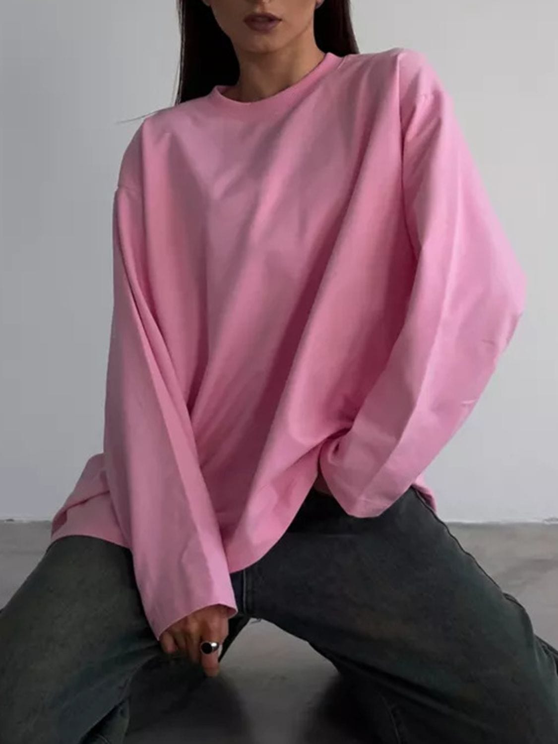 Round Neck Dropped Shoulder Long Sleeve T-Shirt - Trendsi