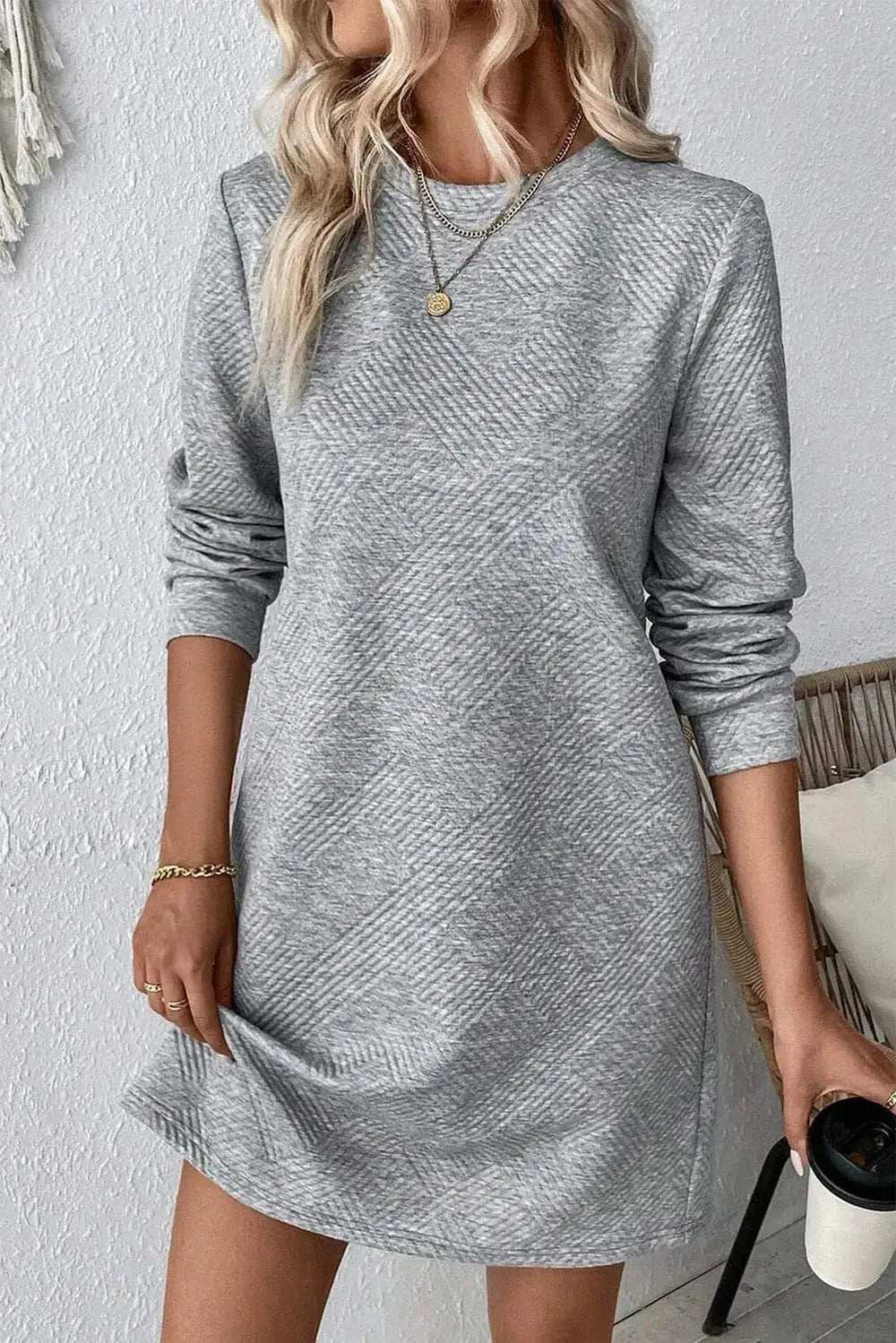 Textured Round Neck Long Sleeve Mini Dress - Trendsi - Flyclothing LLC