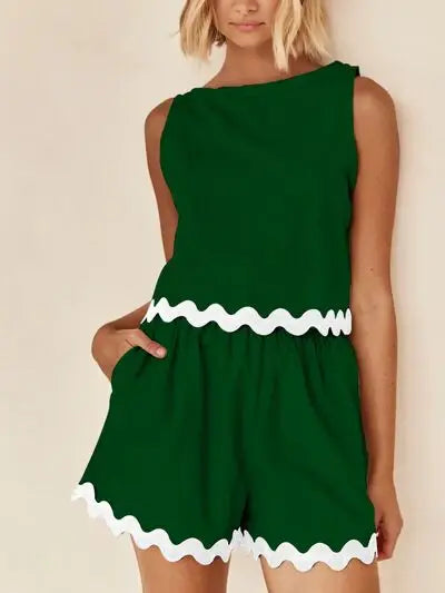 Contrast Trim Round Neck Tank and Shorts Set - Trendsi - Flyclothing LLC