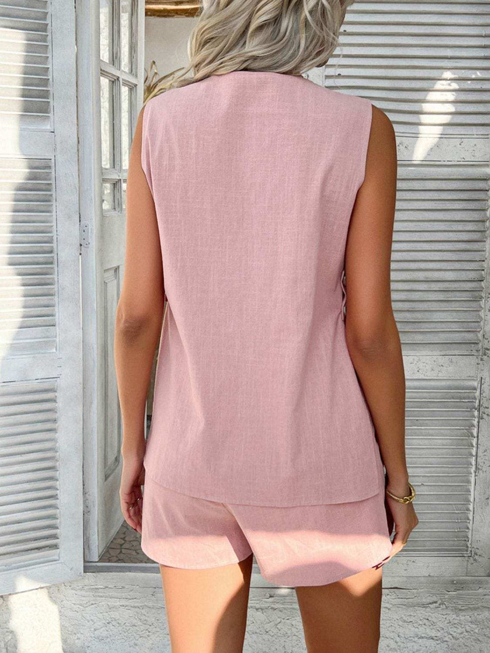 Devine Button Down V-Neck Tank and Shorts Set - Trendsi - Flyclothing LLC