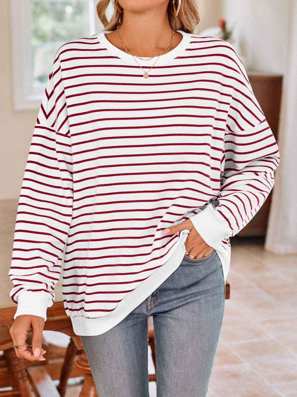 Striped Round Neck Long Sleeve Sweatshirt - Trendsi - Flyclothing LLC