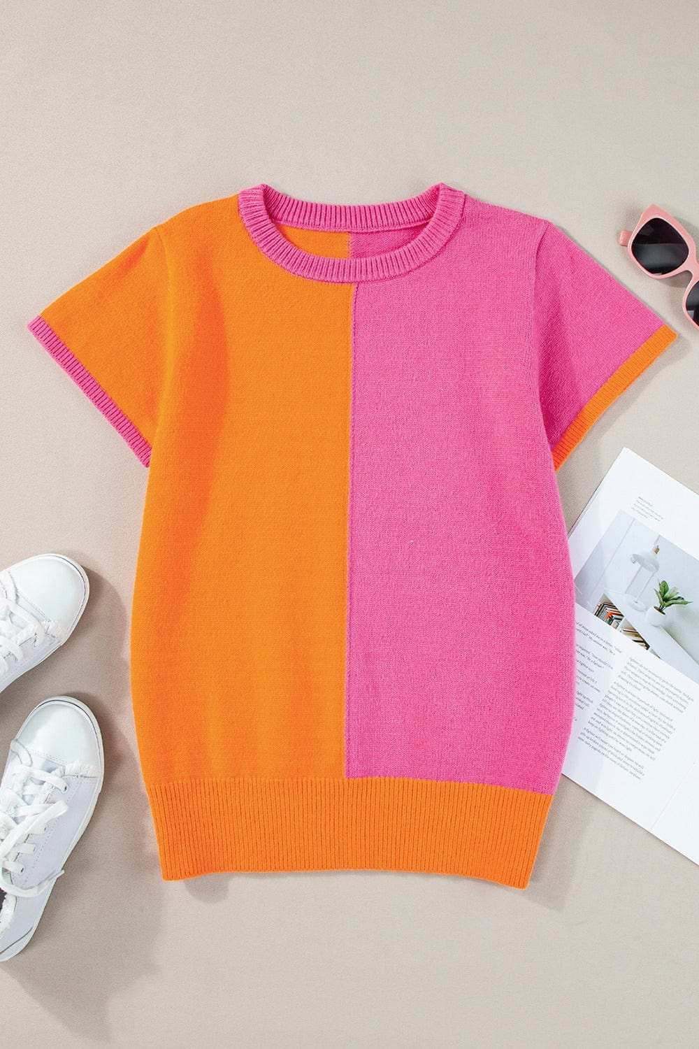 Contrast Round Neck Cap Sleeve Sweater - Trendsi - Flyclothing LLC