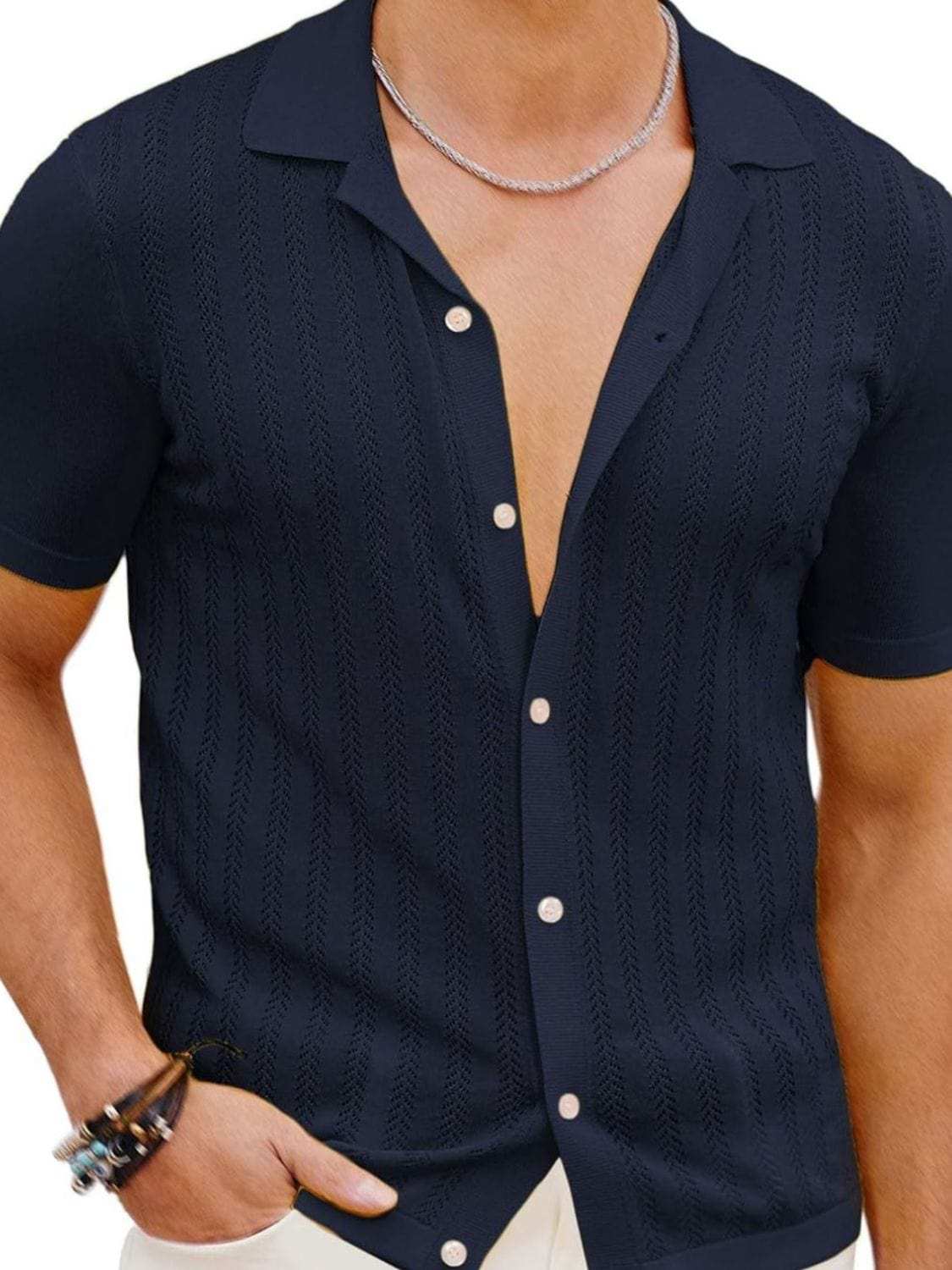 Men's Full Size Openwork Button Down Short Sleeve Shirt Plus Size - Trendsi - Flyclothing LLC
