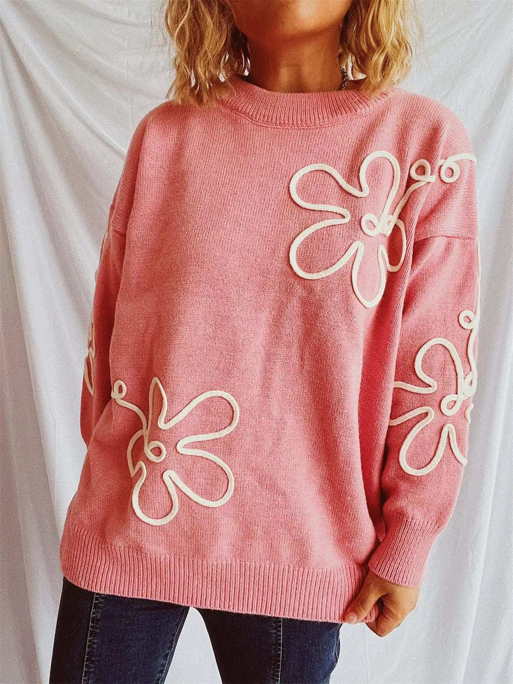 Flower Round Neck Long Sleeve Sweater - Trendsi - Flyclothing LLC