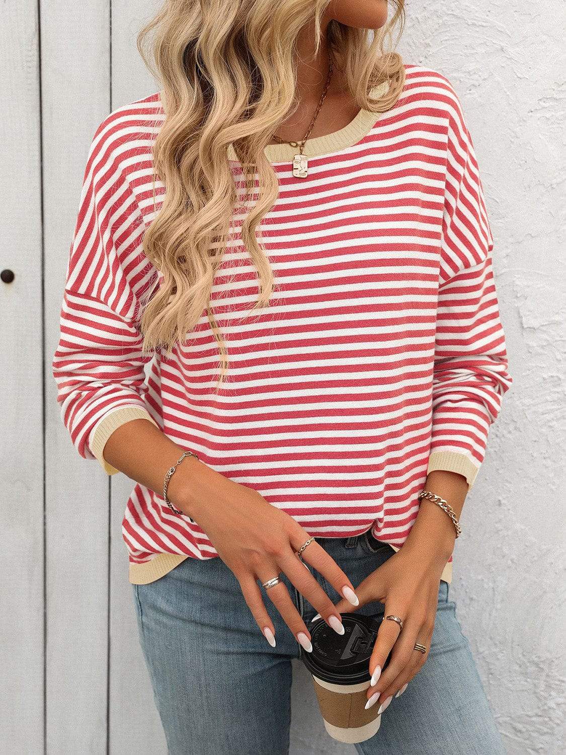 Mandy Striped Round Neck Long Sleeve Sweater - Trendsi - Flyclothing LLC