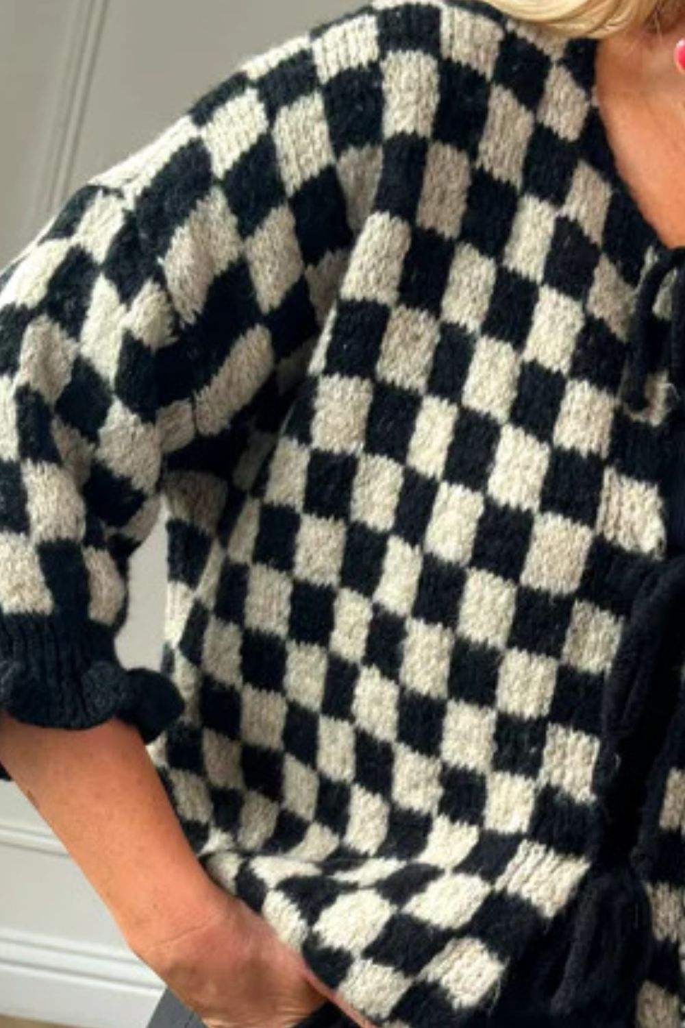 Double Take Tied Checkered Dropped Shoulder Flounce Sleeve Cardigan - Trendsi - Flyclothing LLC
