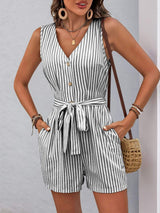 Perfee Striped V-Neck Tie Waist Romper - Trendsi - Flyclothing LLC
