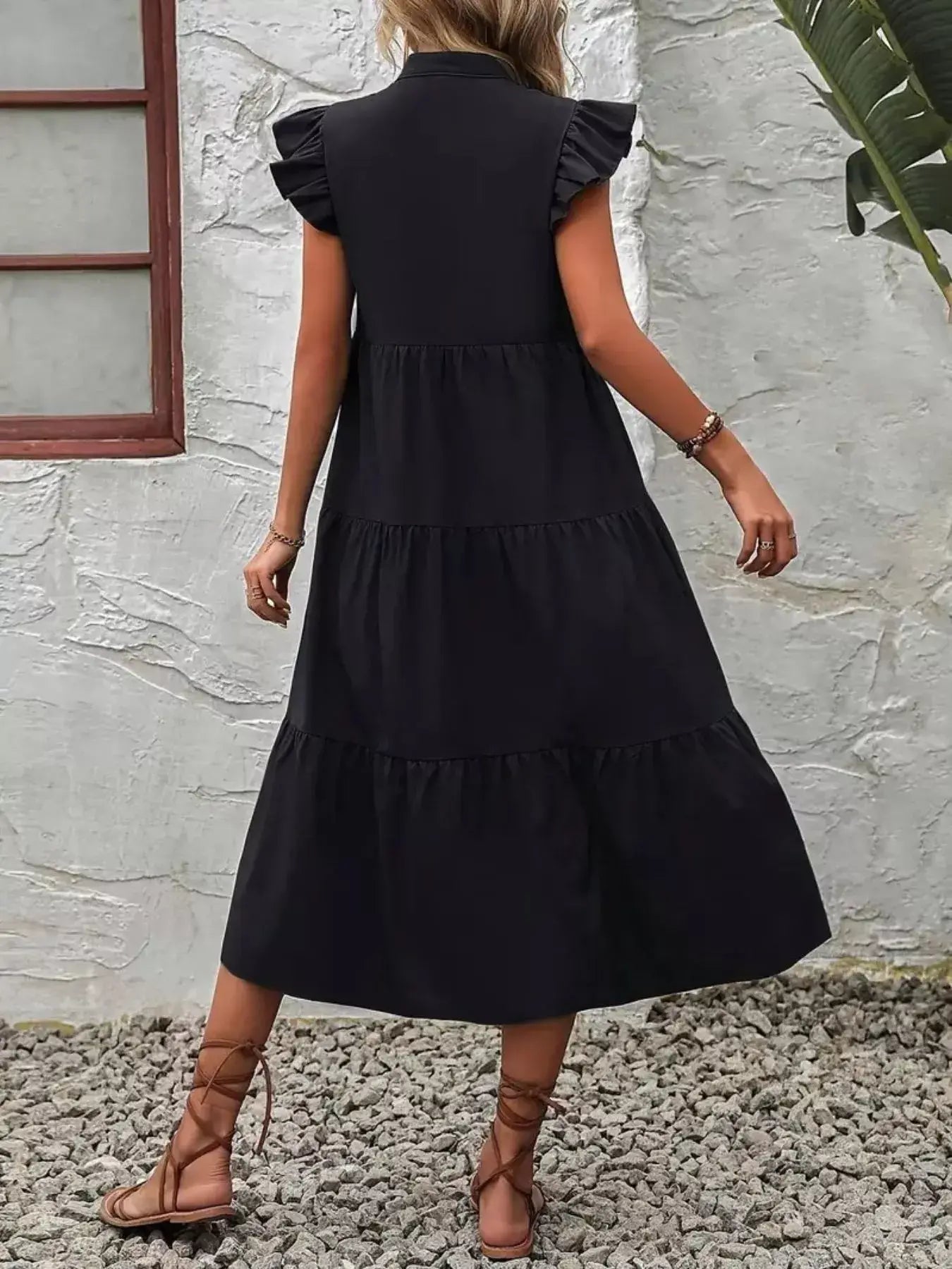 Ruffle Sleeve Tiered Midi Dress - Trendsi - Flyclothing LLC