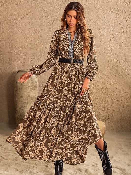Ruched Printed Notched Long Sleeve Maxi Dress - Trendsi