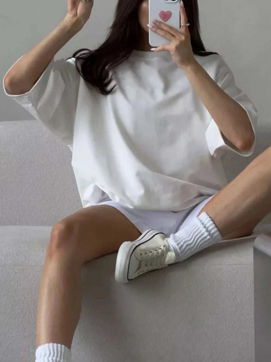 Round Neck Half Sleeve Oversized T-Shirt - Trendsi - Flyclothing LLC