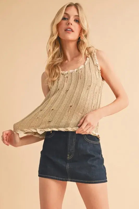Aemi+Co Distressed Detail Round Neck Knit Tank - Trendsi - Flyclothing LLC