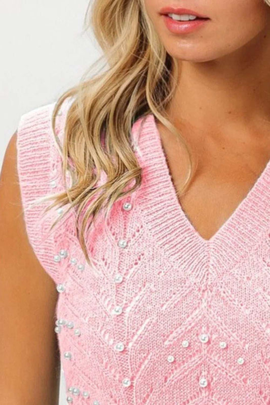 BiBi Chevron Pointelle Pearl Knit Top - Trendsi - Flyclothing LLC