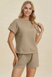 Double Take Full Size Texture Short Sleeve Top and Shorts Set - Trendsi - Flyclothing LLC
