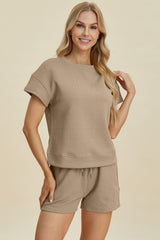 Double Take Full Size Texture Short Sleeve Top and Shorts Set - Trendsi
