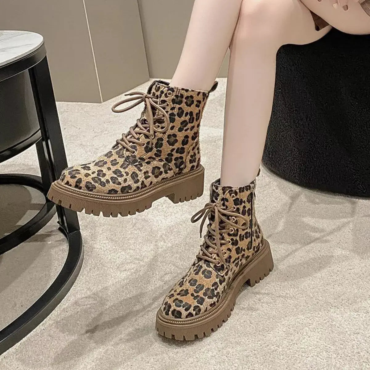 Animal Print Lace-Up Ankle Boots - Trendsi - Flyclothing LLC