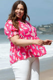Plus Size Ruffled Printed Notched Short Sleeve Blouse - Trendsi - Flyclothing LLC