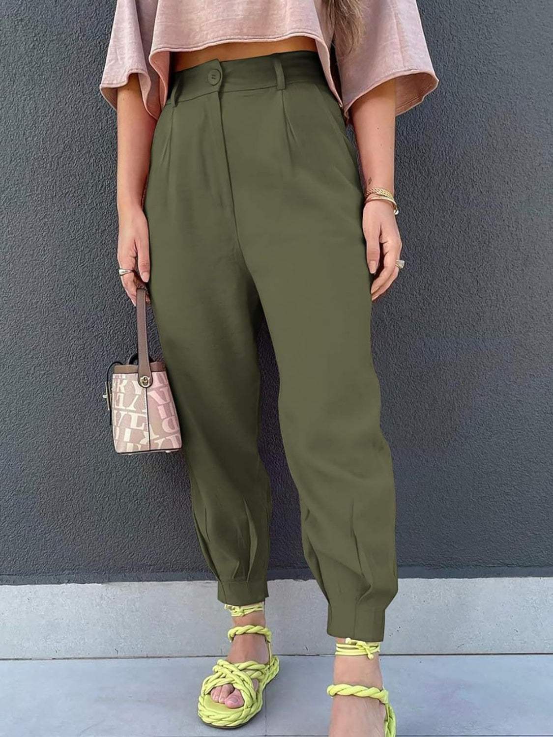 High Waist Cropped Pants - Trendsi - Flyclothing LLC