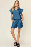 Double Take Full Size Texture Flounce Sleeve Top and Drawstring Shorts Set - Trendsi - Flyclothing LLC