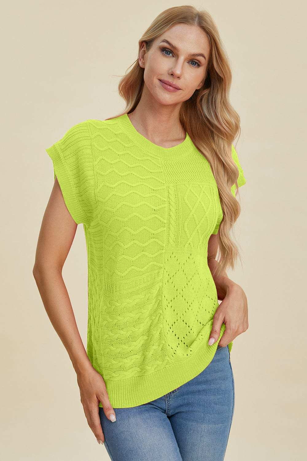 Double Take Full Size Cable-Knit Round Neck Cap Sleeve Sweater - Trendsi - Flyclothing LLC