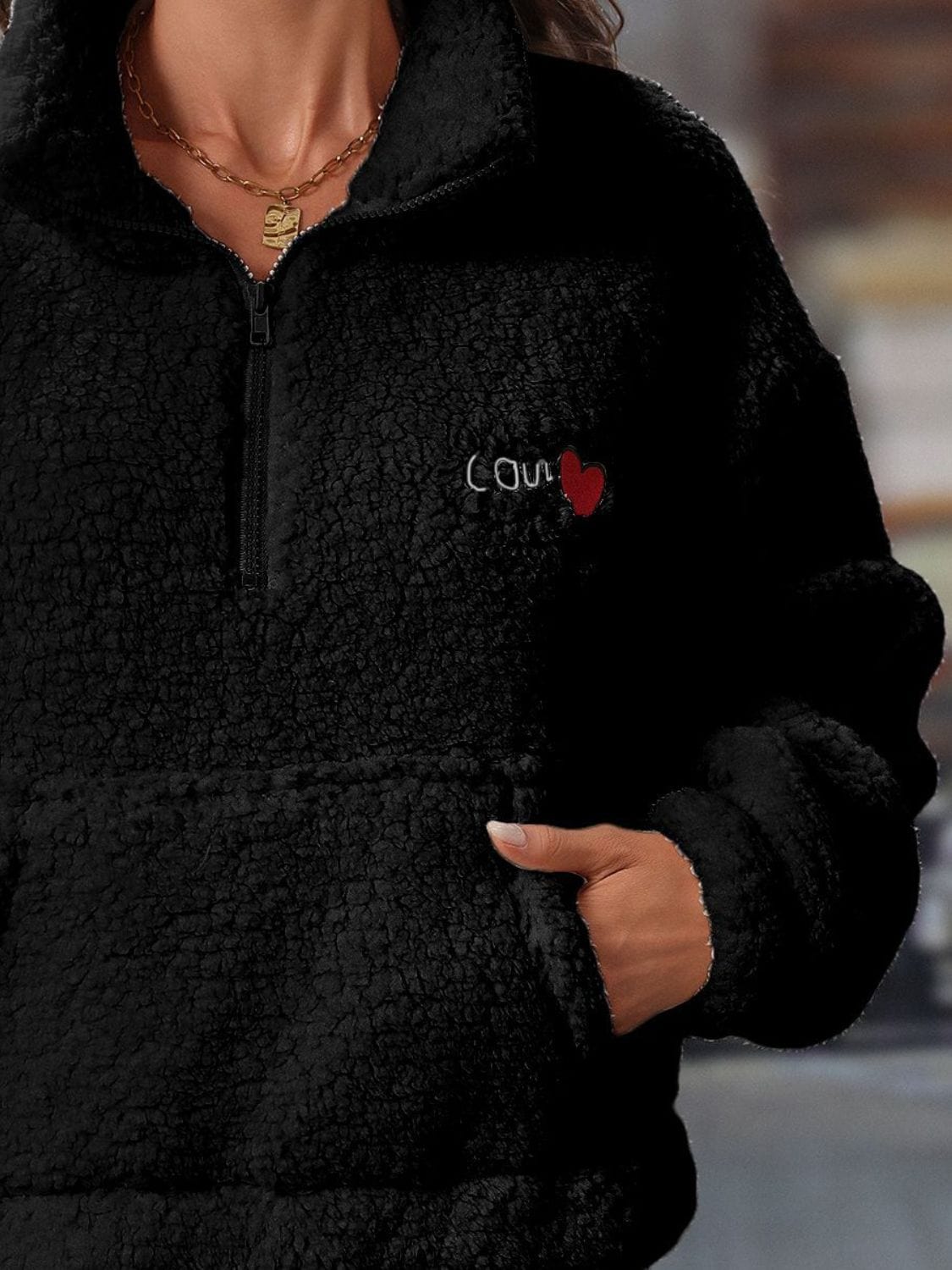 Heart Half Zip Long Sleeve Teddy Sweatshirt - Trendsi
