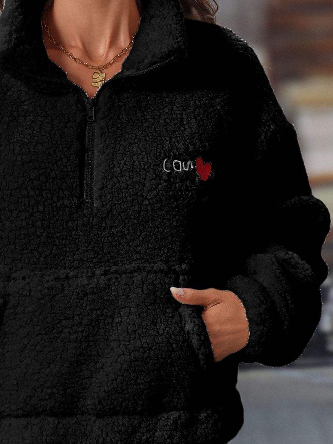 Heart Half Zip Long Sleeve Teddy Sweatshirt - Trendsi - Flyclothing LLC
