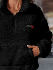 Heart Half Zip Long Sleeve Teddy Sweatshirt - Trendsi