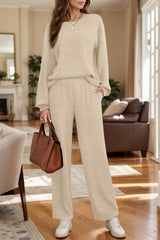 Round Neck Long Sleeve Top and Pants Set - Trendsi