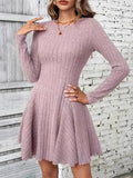 Ribbed Round Neck Long Sleeve Mini Dress - Trendsi