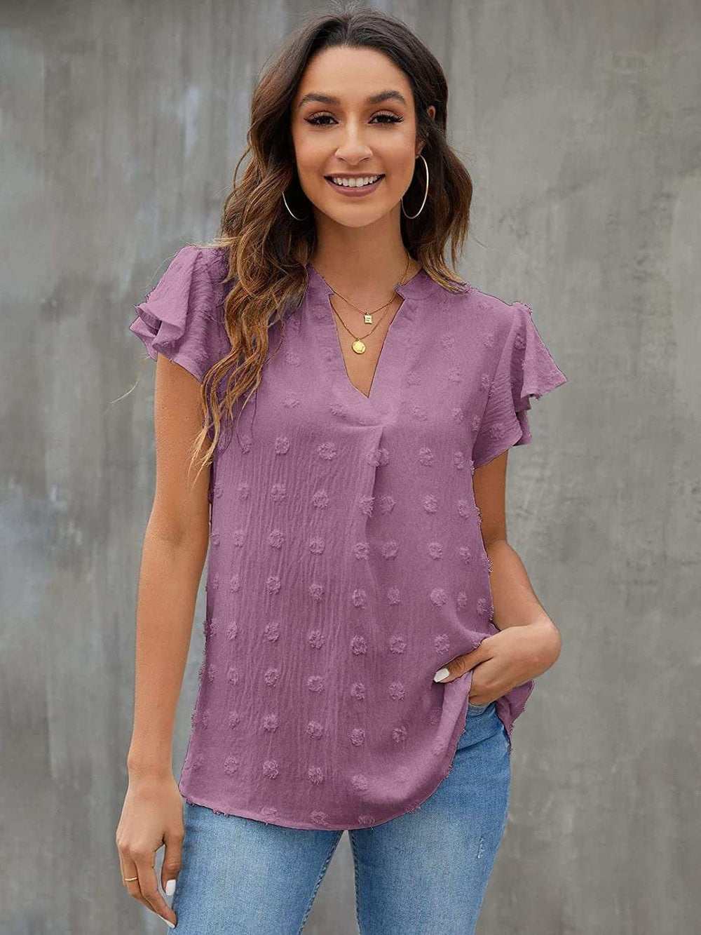 Swiss Dot Notched Flutter Sleeve Blouse - Trendsi - Flyclothing LLC