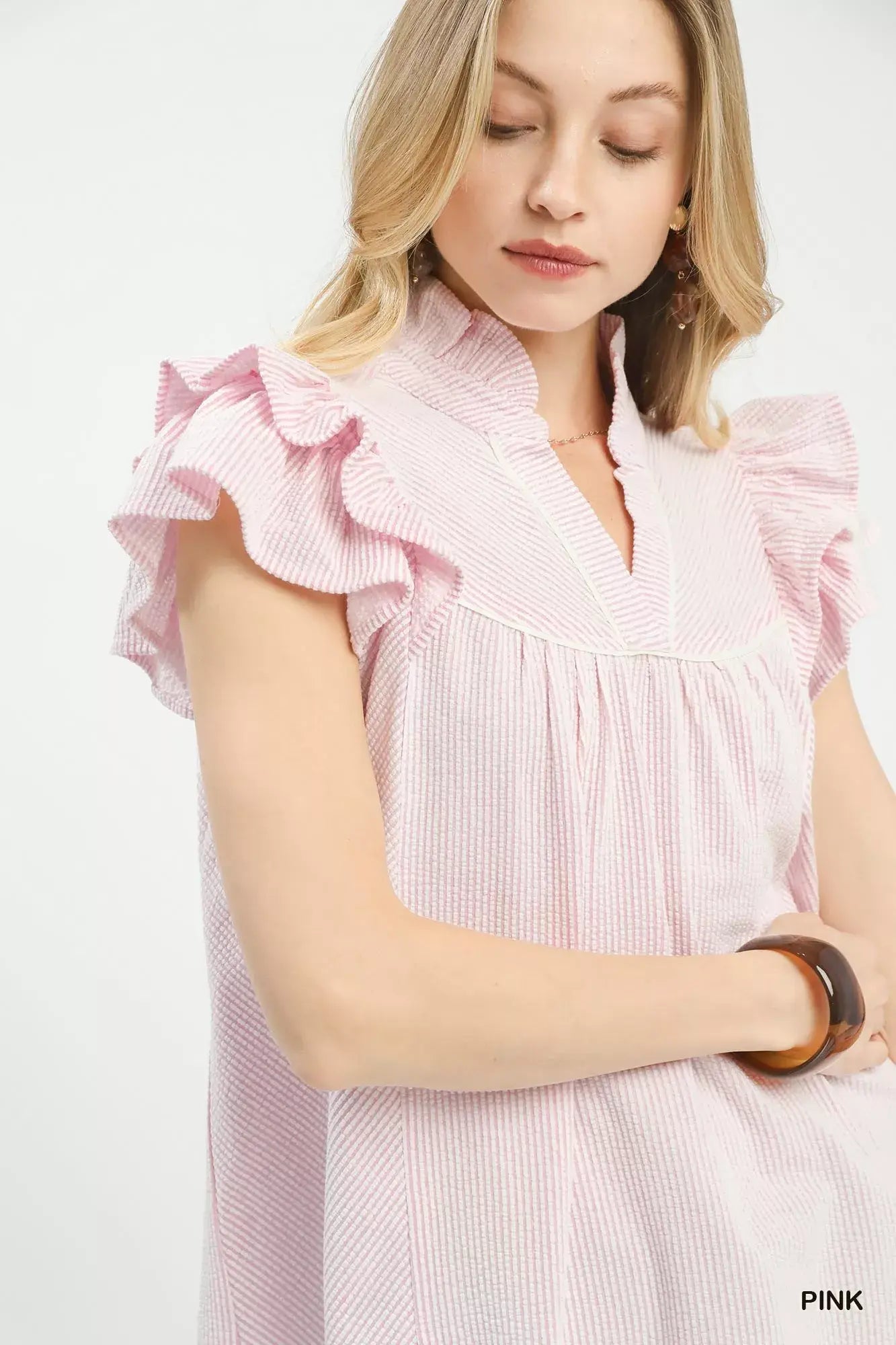Umgee Ruffled Sleeve Textured Blouse - Trendsi - Flyclothing LLC