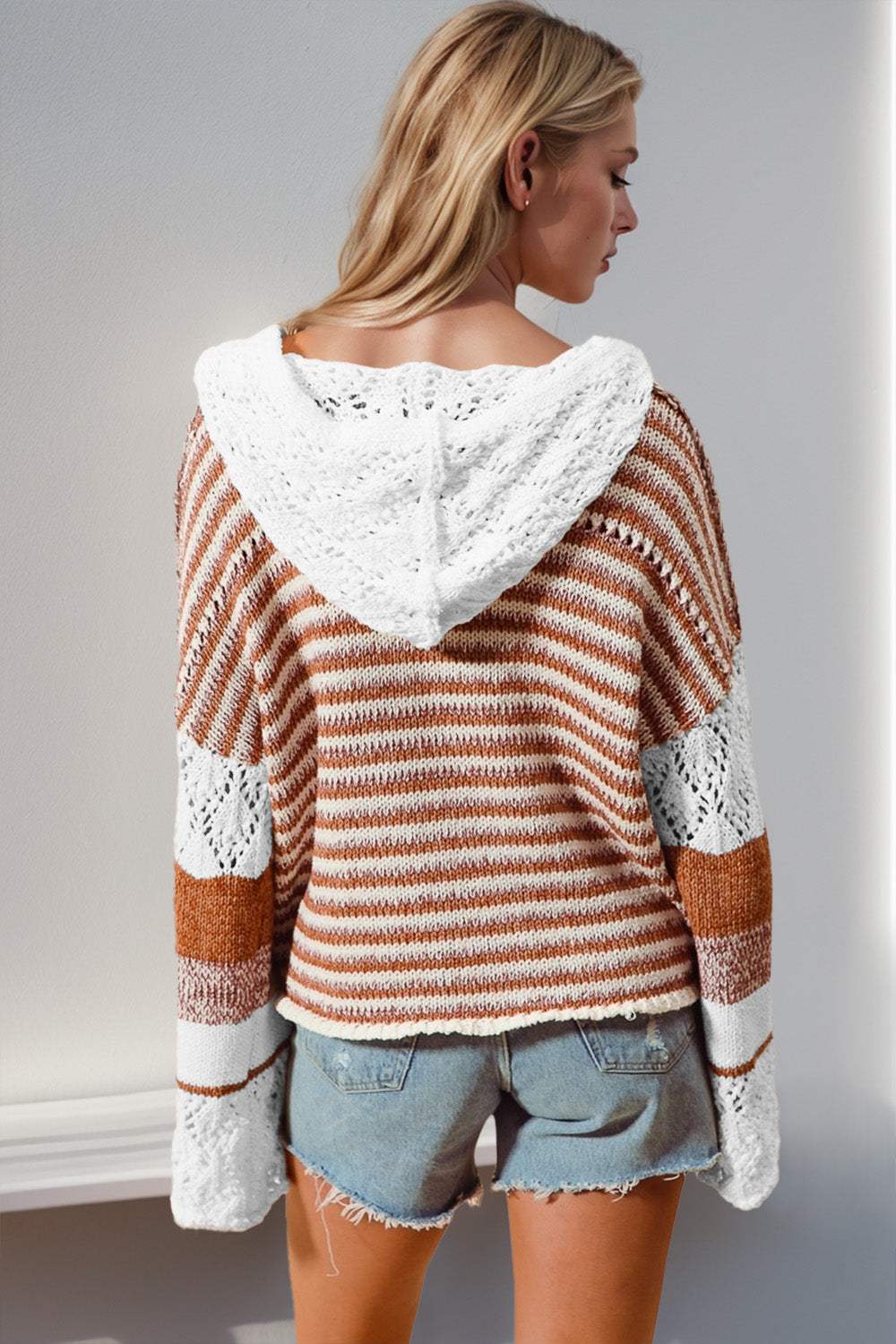 Double Take Full Size Openwork Contrast Long Sleeve Hooded Sweater - Trendsi - Flyclothing LLC