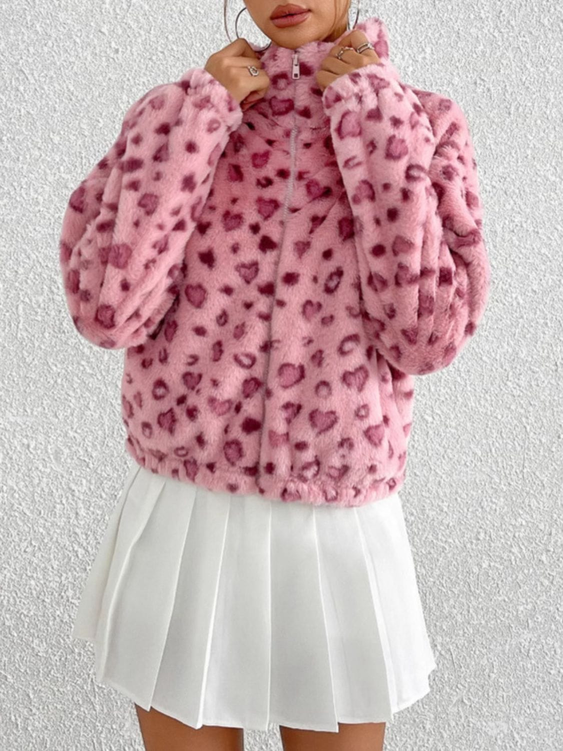 Leopard Zip Up Long Sleeve Furry Jacket - Trendsi