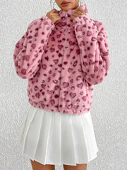 Leopard Zip Up Long Sleeve Furry Jacket - Trendsi