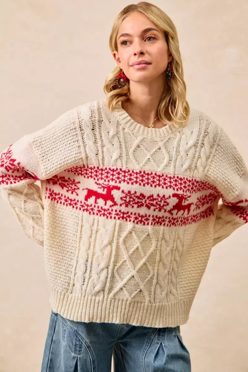 BiBi Christmas Theme Patterned Cable Knit Sweater - Trendsi - Flyclothing LLC