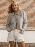 Frill Button Up Collared Neck Long Sleeve Cardigan - Trendsi