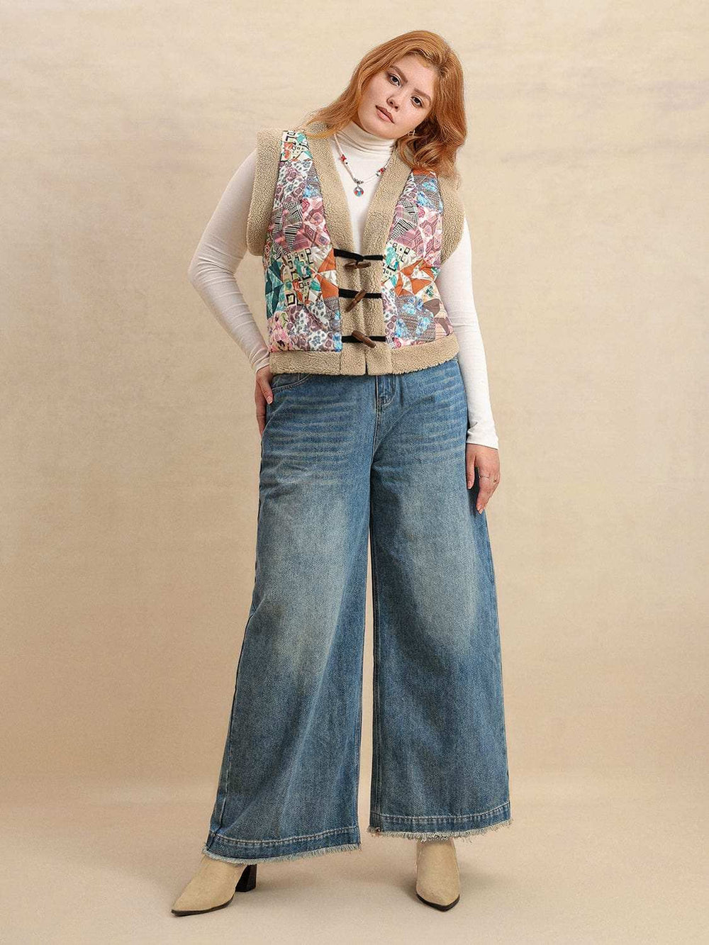 Plus Size Printed Sherpa Vest Coat - Trendsi - Flyclothing LLC