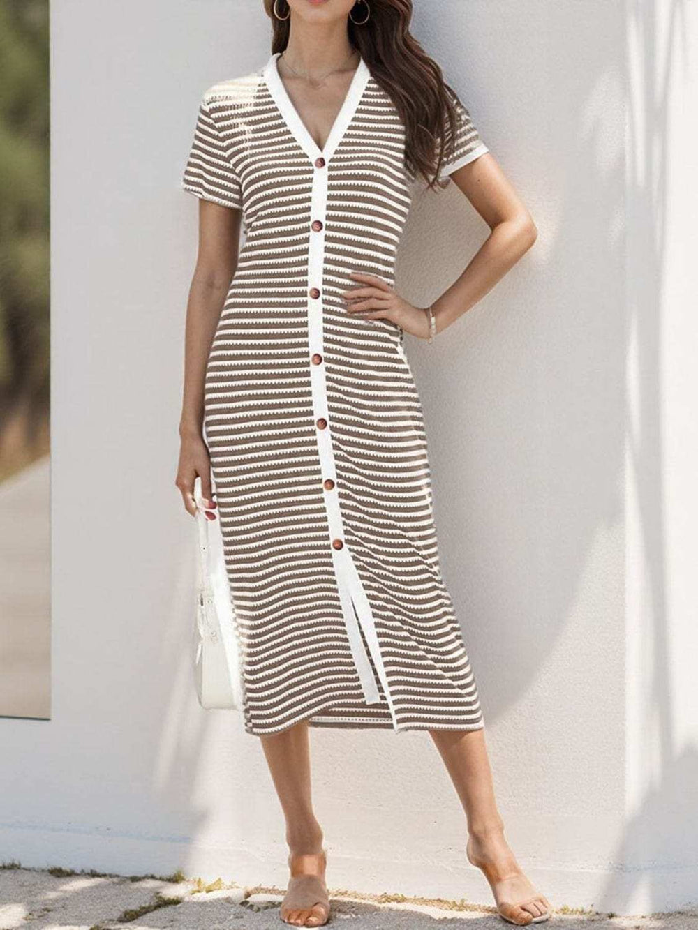Contrast Striped V-Neck Short Sleeve Midi Dress - Trendsi - Flyclothing LLC