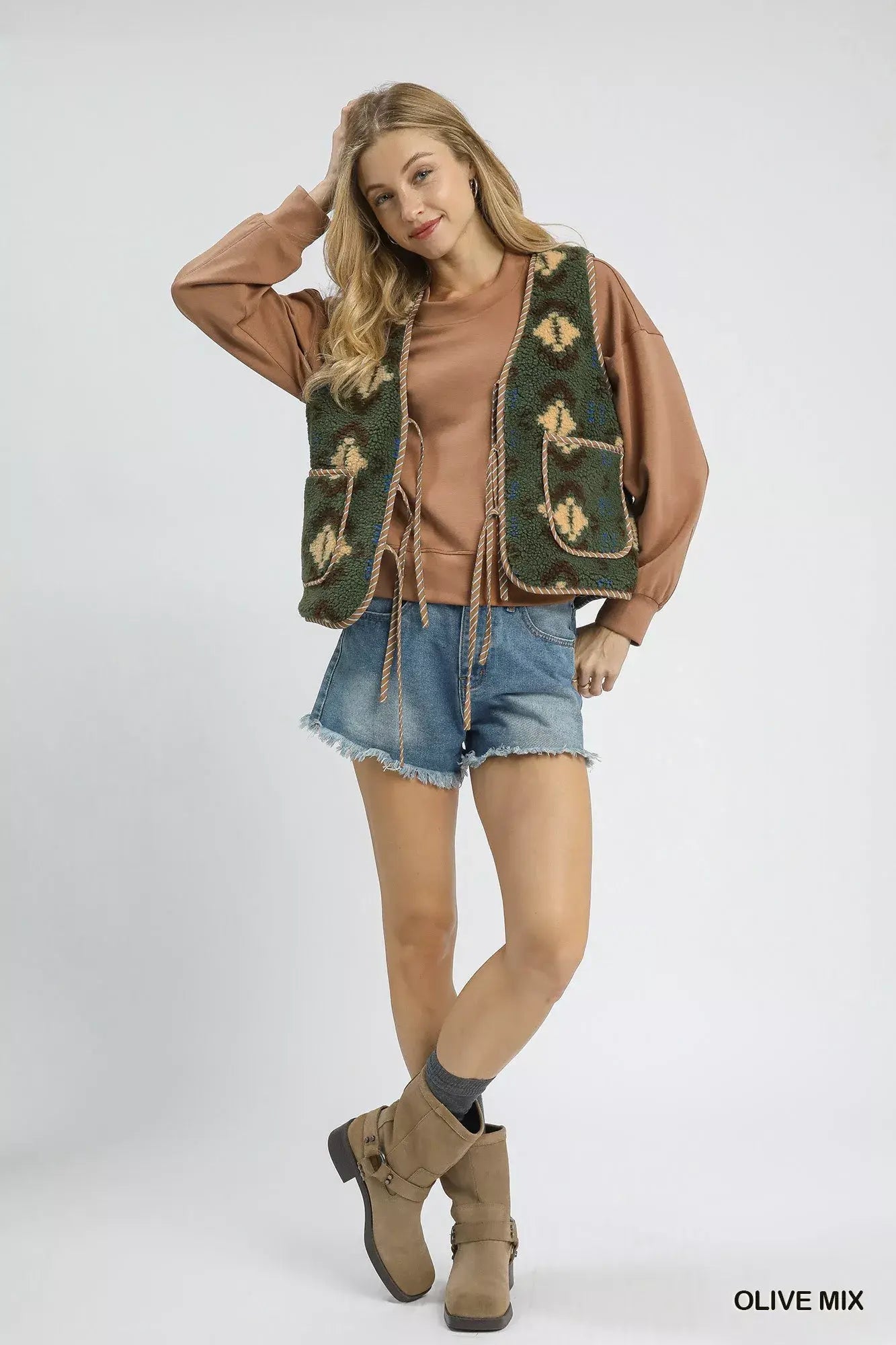 Umgee Mix Patterned Sherpa Tie-Front Vest - Trendsi - Flyclothing LLC