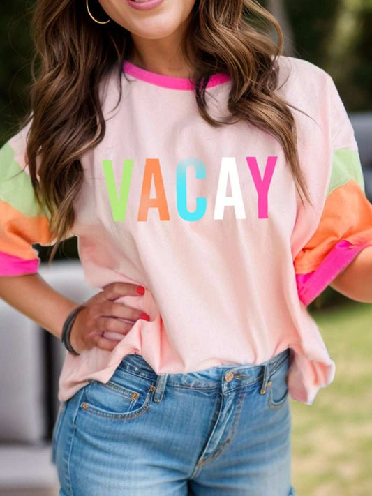 Letter Graphic Color Block Round Neck Half Sleeve T-Shirt - Trendsi - Flyclothing LLC