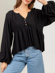 Notched Balloon Sleeve Peplum Blouse - Trendsi
