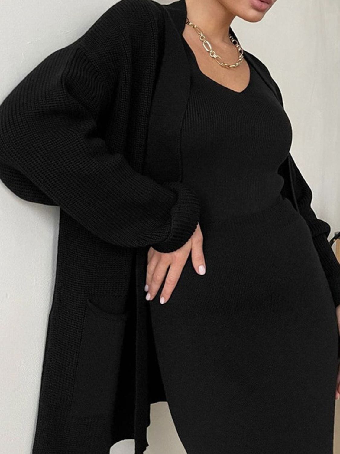 Pocketed Long Sleeve Cardigan and Skirt Sweater Set - Trendsi