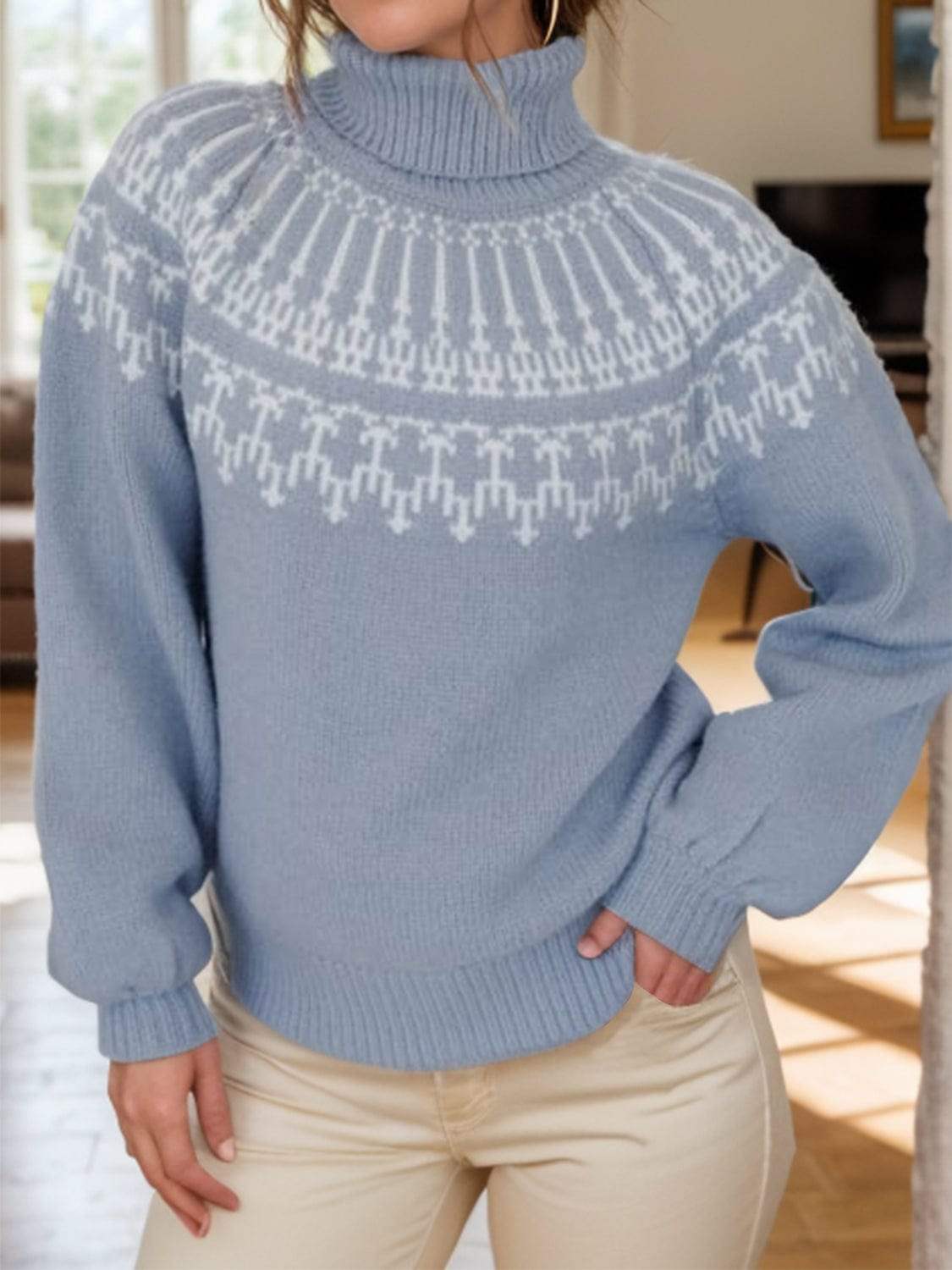 Contrast Turtleneck Long Sleeve Sweater - Trendsi - Flyclothing LLC