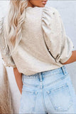 Rhinestone Pearl Detail Round Neck Puff Sleeve Top - Trendsi - Flyclothing LLC