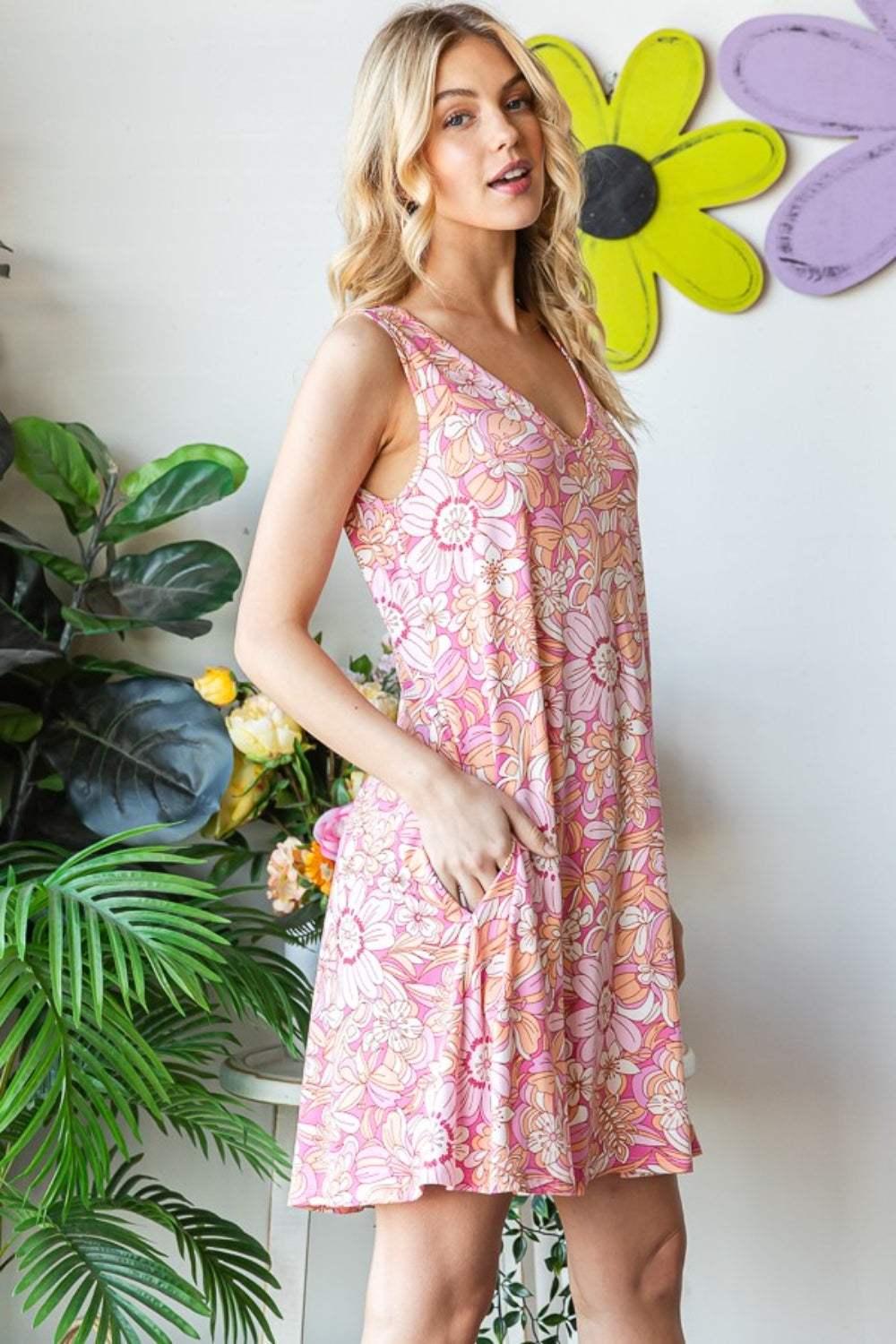 Heimish Full Size Floral V-Neck Tank Dress with Pockets - Trendsi - Flyclothing LLC
