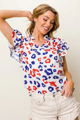 BiBi Leopard Notched Ruffled Cap Sleeve Blouse - Trendsi - Flyclothing LLC