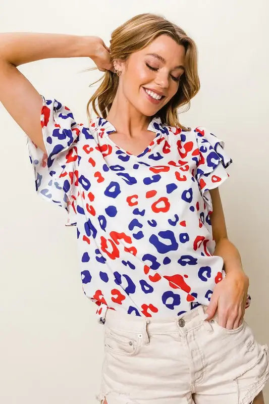 BiBi Leopard Notched Ruffled Cap Sleeve Blouse - Trendsi - Flyclothing LLC