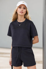 Basic Bae Drawstring Hem Air Scuba Round Neck Short Sleeve T-Shirt - ShopBasicbae - Flyclothing LLC