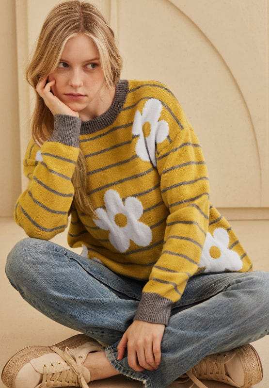 Flower Stripe Round Neck Long Sleeve Sweater - Trendsi - Flyclothing LLC